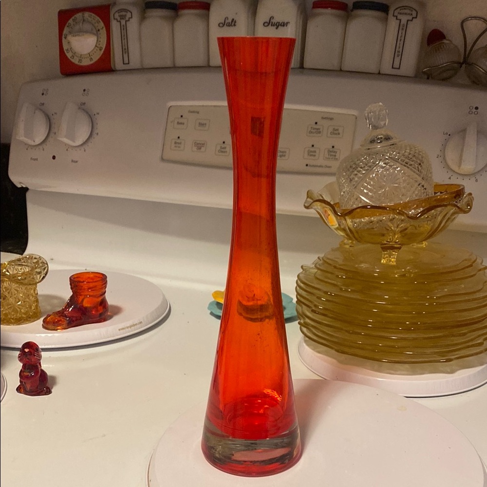 Vibrant Orange Glass Vase 1970s 12”